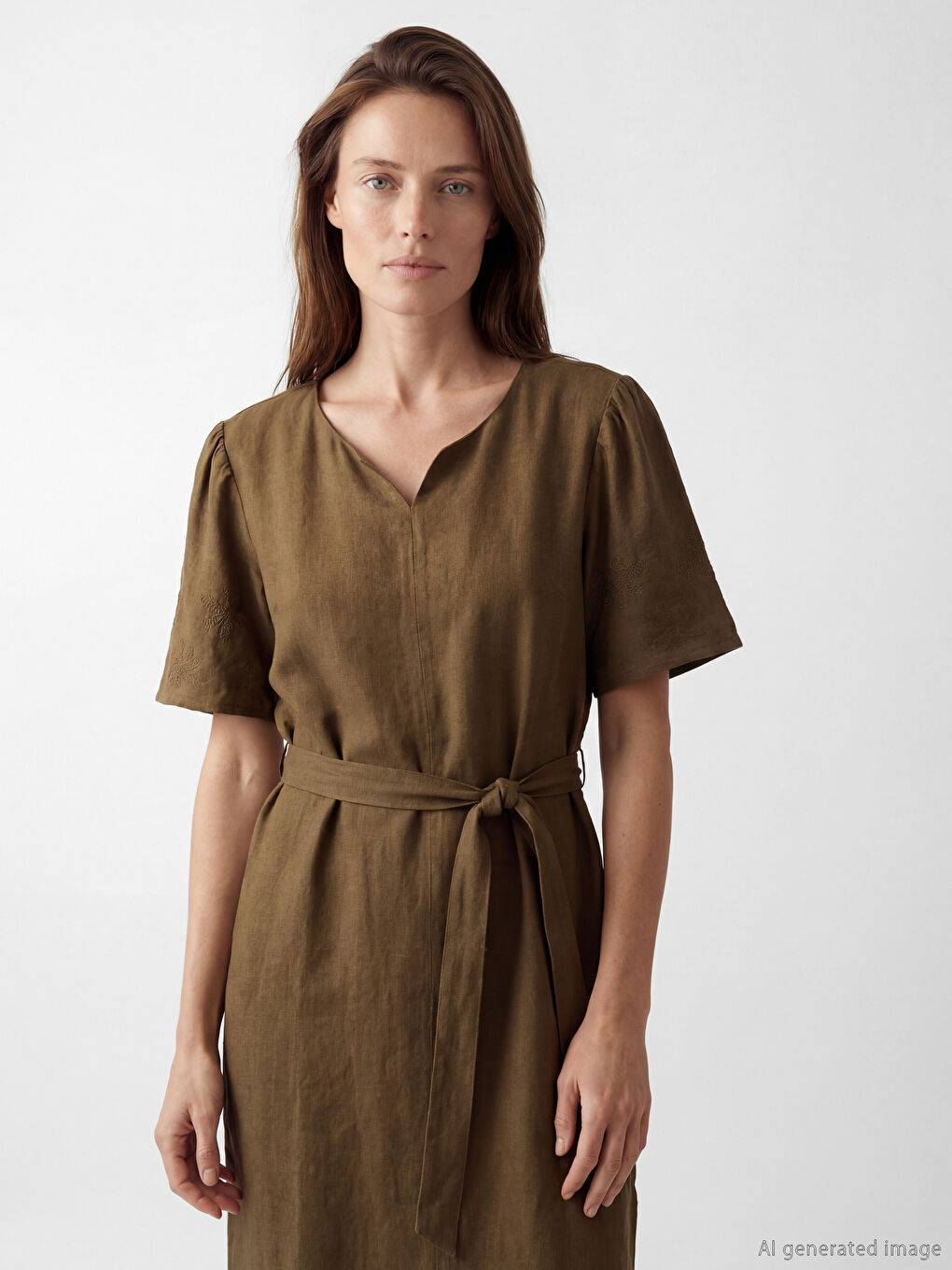 Notch Neck Embroidered A Form Linen Blend Dress-1