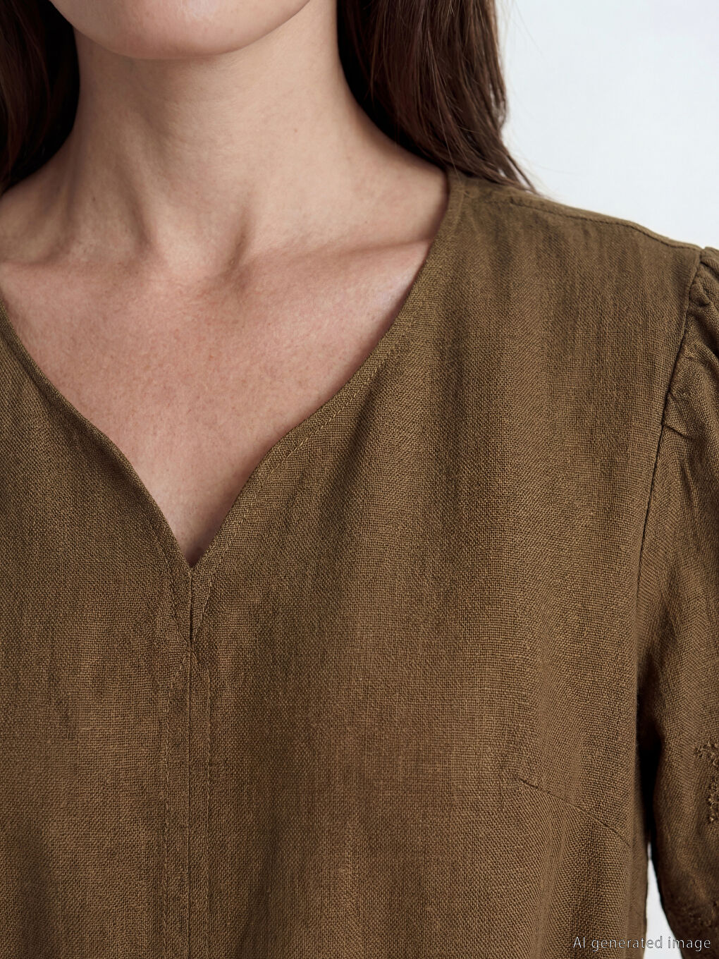 Notch Neck Embroidered A Form Linen Blend Dress-2