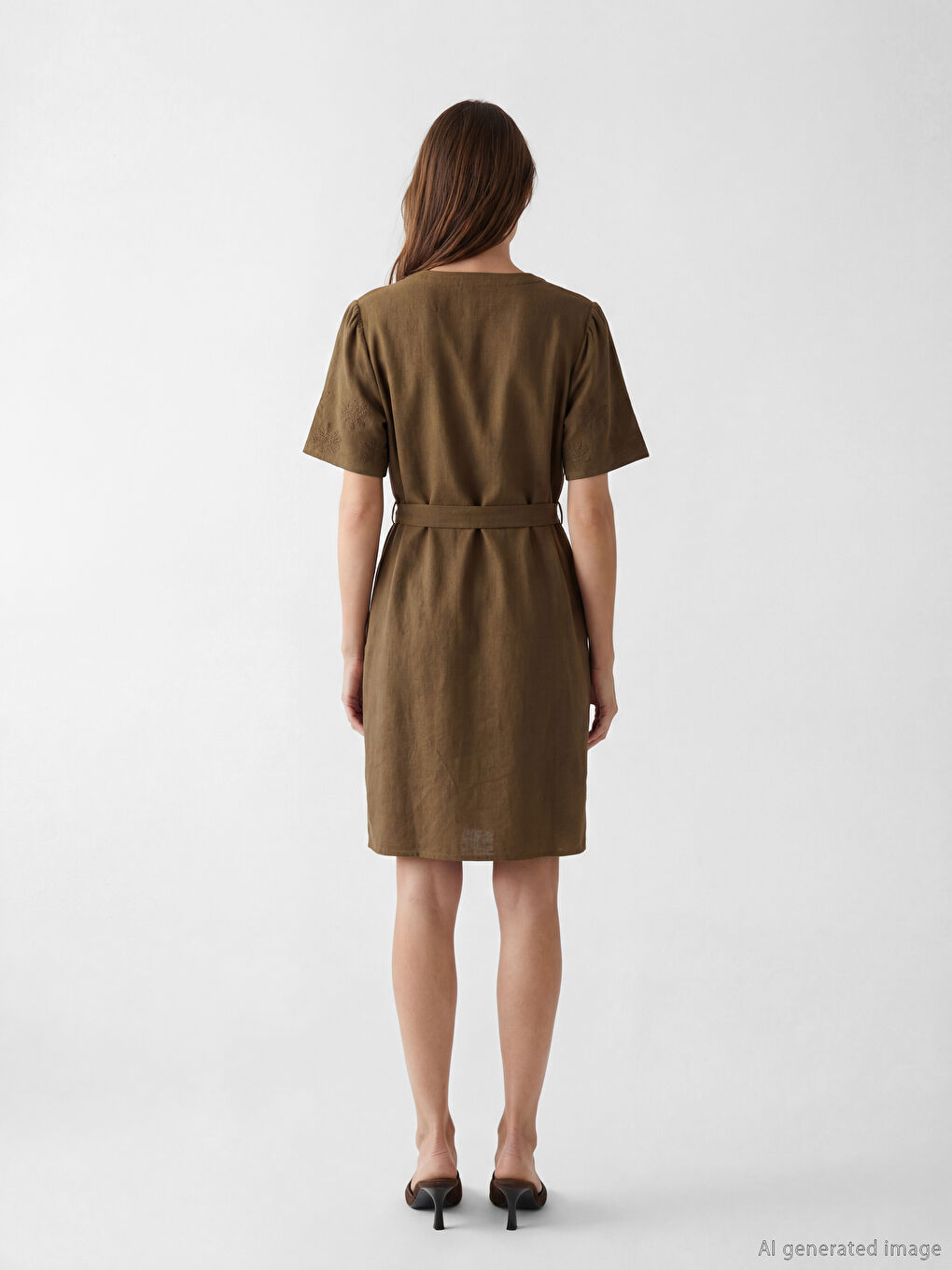 Notch Neck Embroidered A Form Linen Blend Dress-3