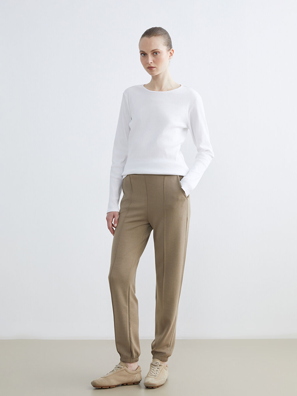 Bej Beli Lastikli Soft Touch Kadın Jogger Eşofman Altı