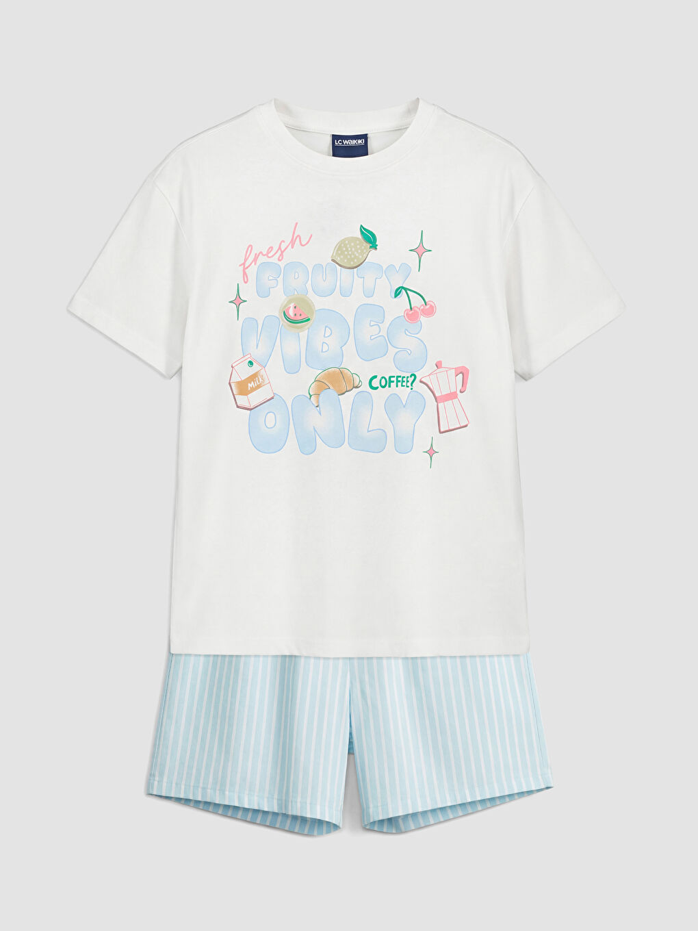 Ekru Kız Çocuk Baskılı Şortlu Pijama Takım