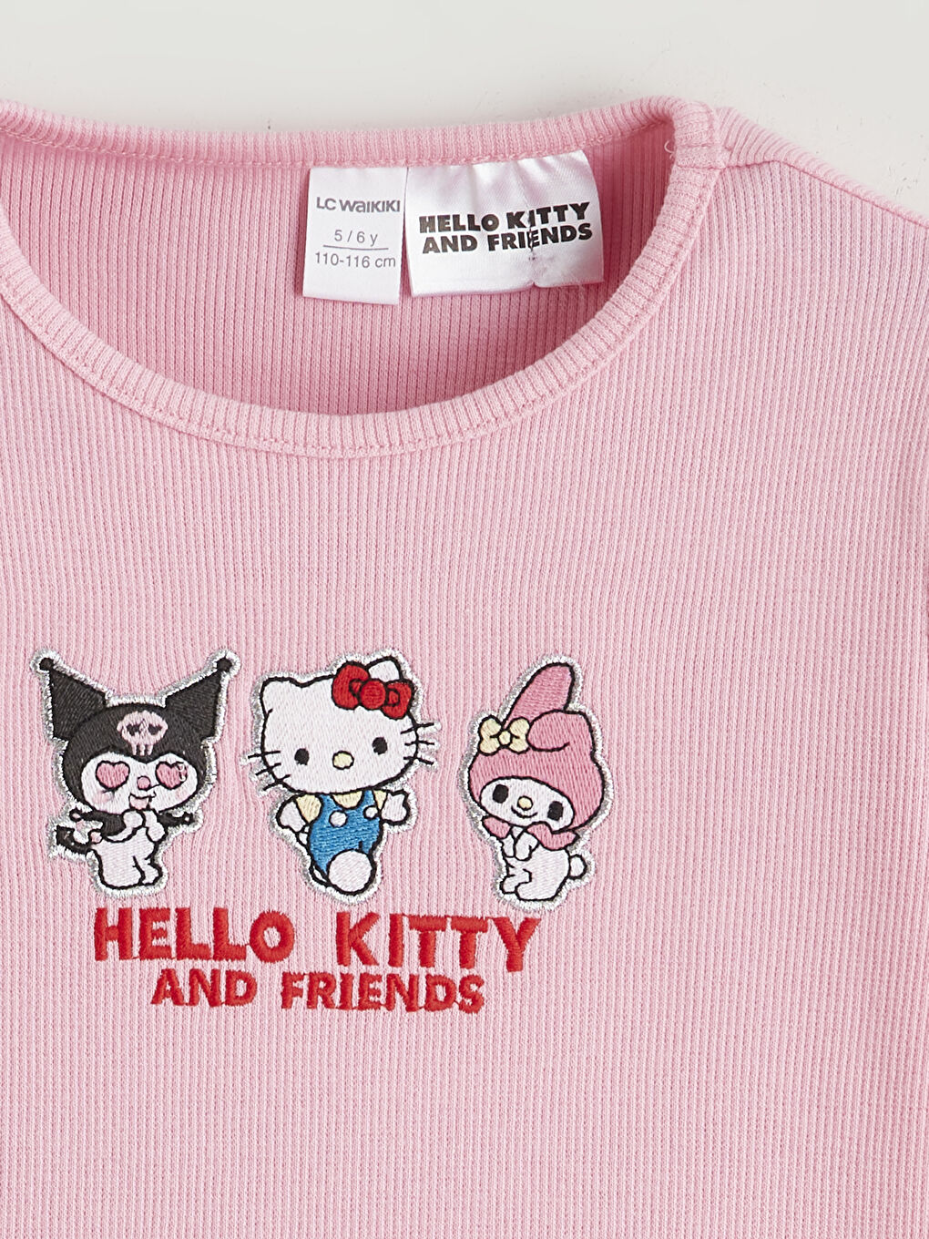 Pembe Bisiklet Yaka Hello Kitty Nakışlı Kız Çocuk Tişört-1