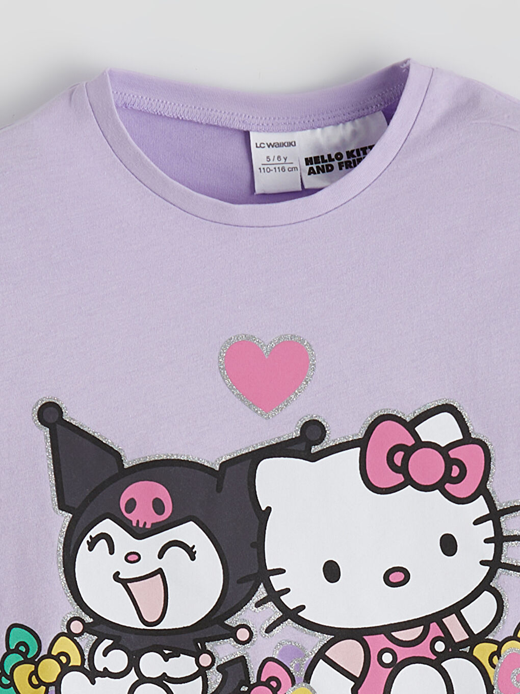 Lila Bisiklet Yaka Hello Kitty Baskılı Kız Çocuk Tişört-2