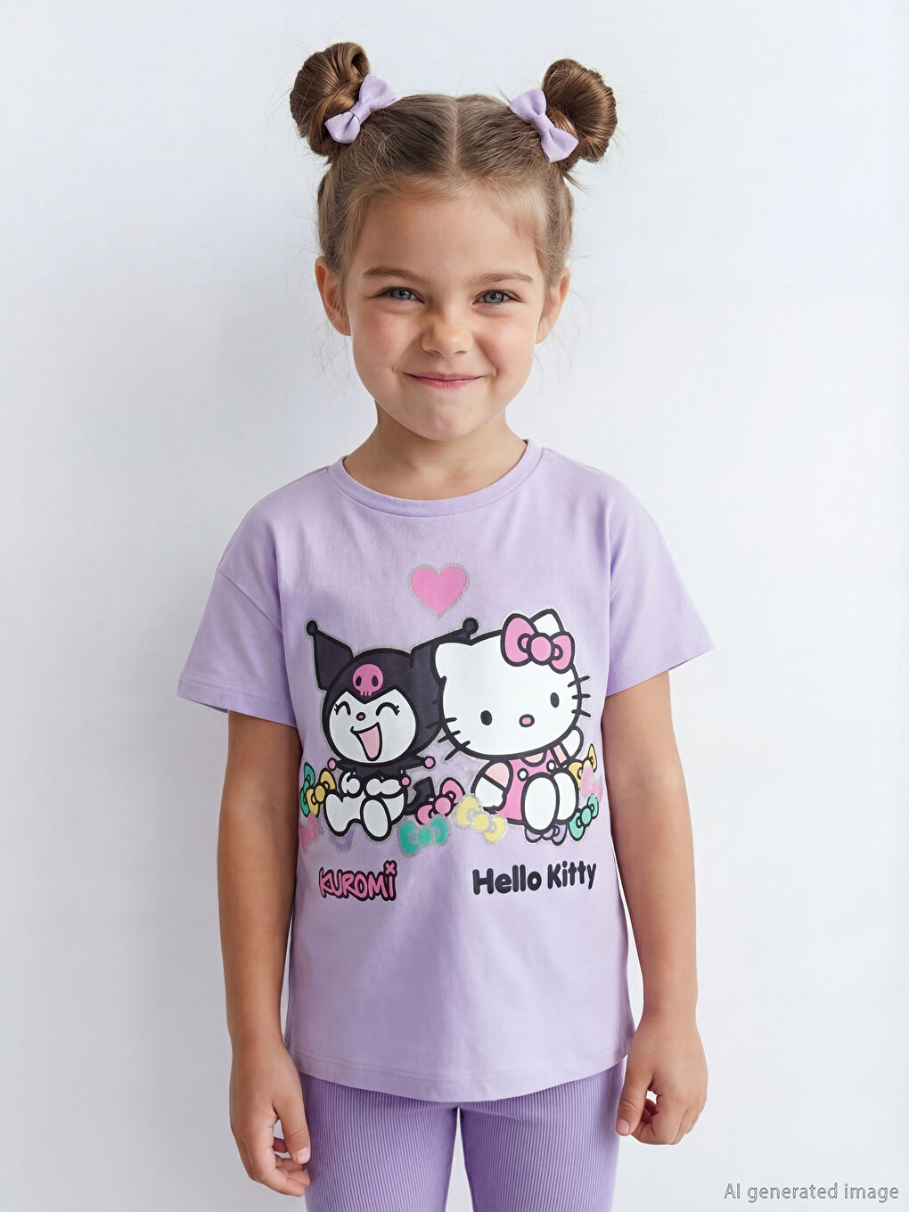 Lila Hello Kitty Baskılı Kız Çocuk Penye Tişört ve Tayt