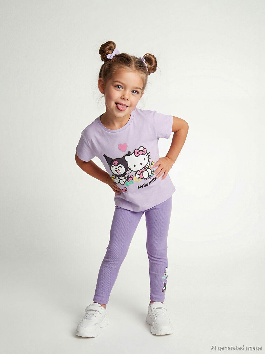 Lila Hello Kitty Baskılı Kız Çocuk Penye Tişört ve Tayt-1