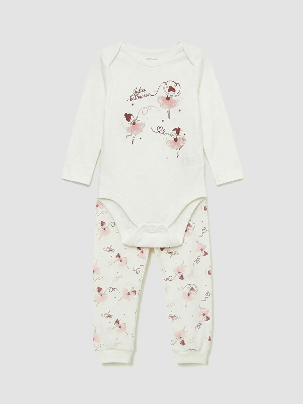 Ekru Baskılı Kız Bebek Çıtçıtlı Body ve Tayt