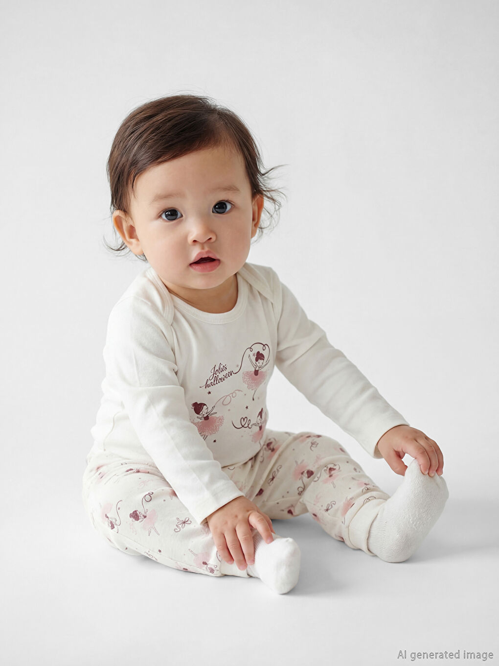 Ekru Baskılı Kız Bebek Çıtçıtlı Body ve Tayt