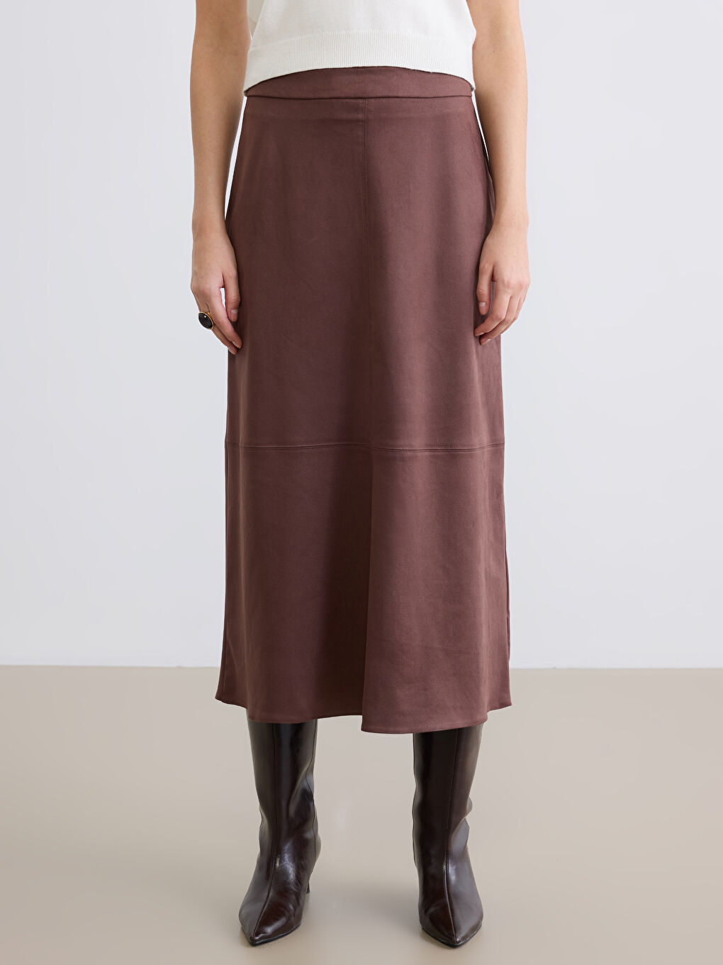 Kahverengi Beli Fermuarlı Süet Görünümlü Kloş Etek-2