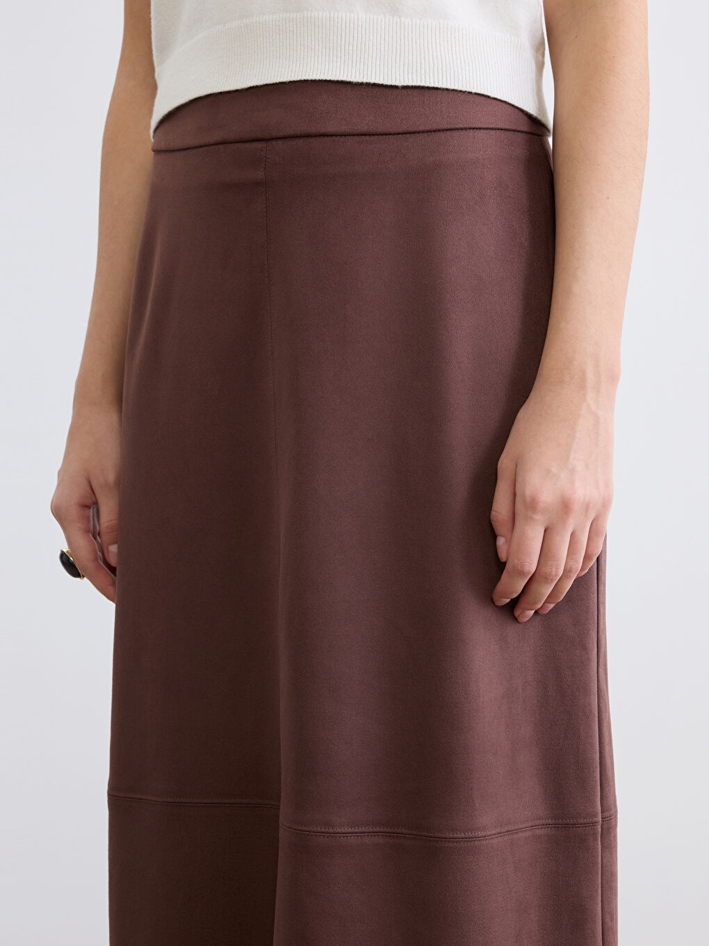 Kahverengi Beli Fermuarlı Süet Görünümlü Kloş Etek-3