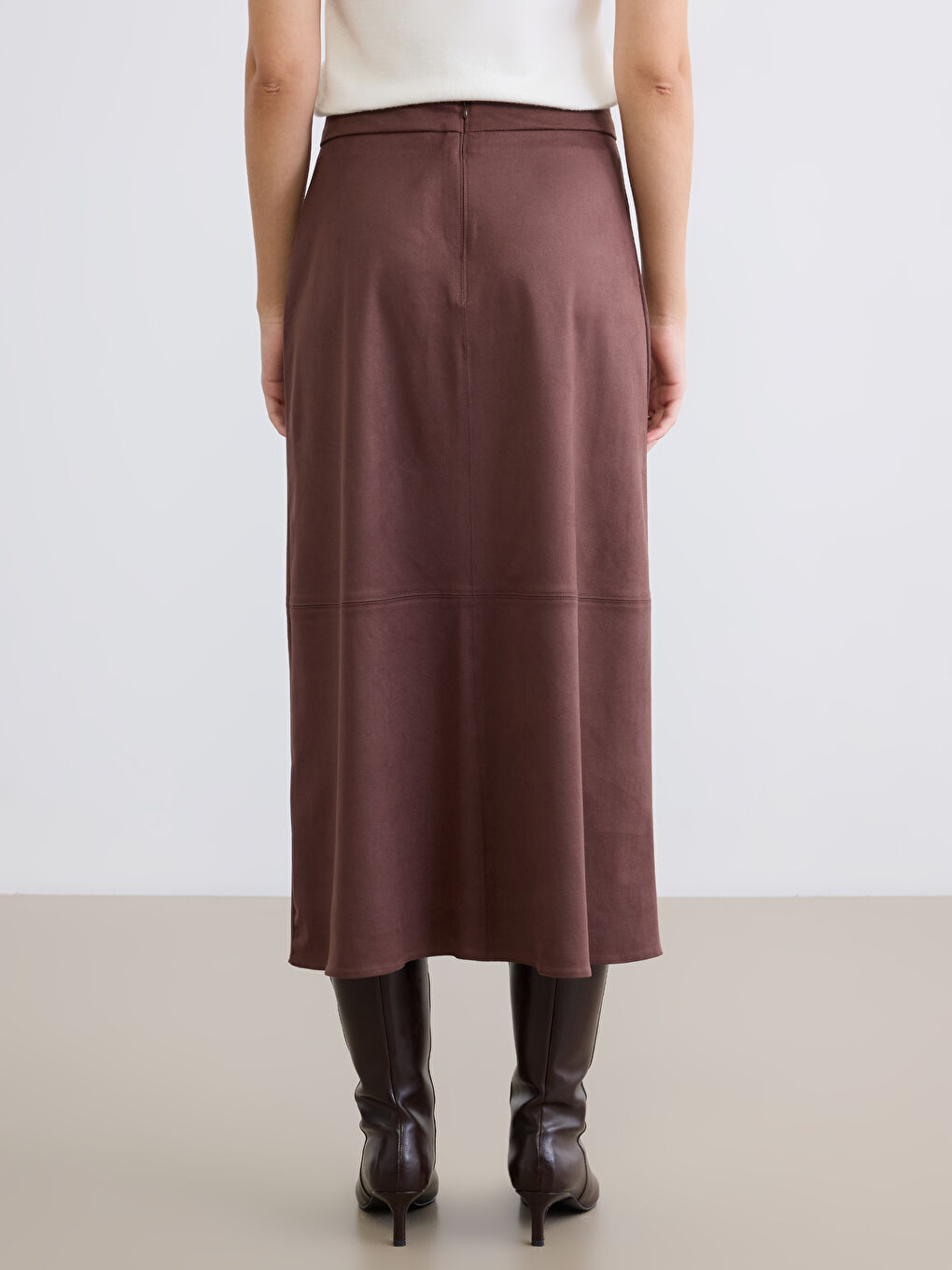 Kahverengi Beli Fermuarlı Süet Görünümlü Kloş Etek-4