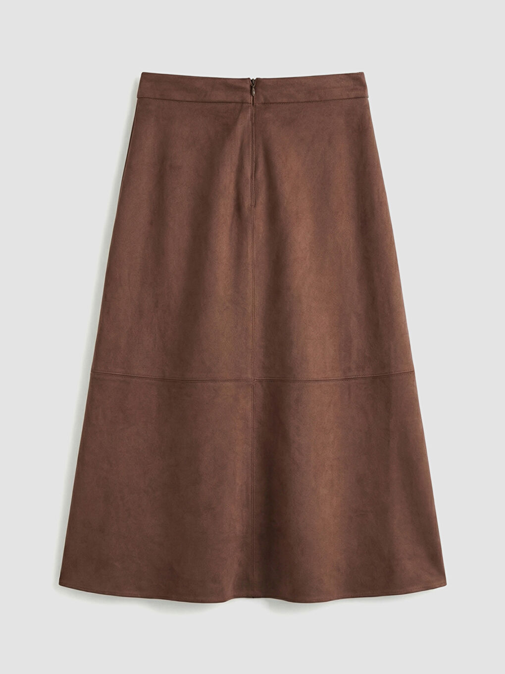 Kahverengi Beli Fermuarlı Süet Görünümlü Kloş Etek-1