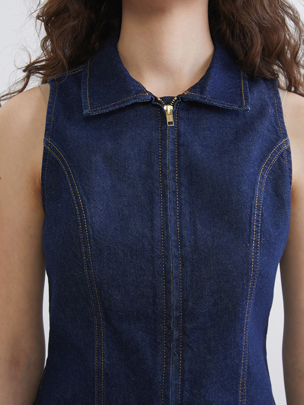 İndigo Gömlek Yaka Kadın Jean Yelek-2