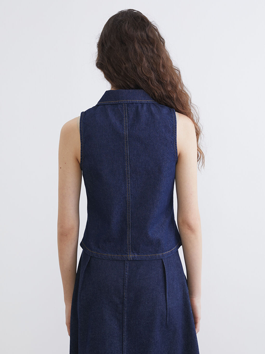İndigo Gömlek Yaka Kadın Jean Yelek-3