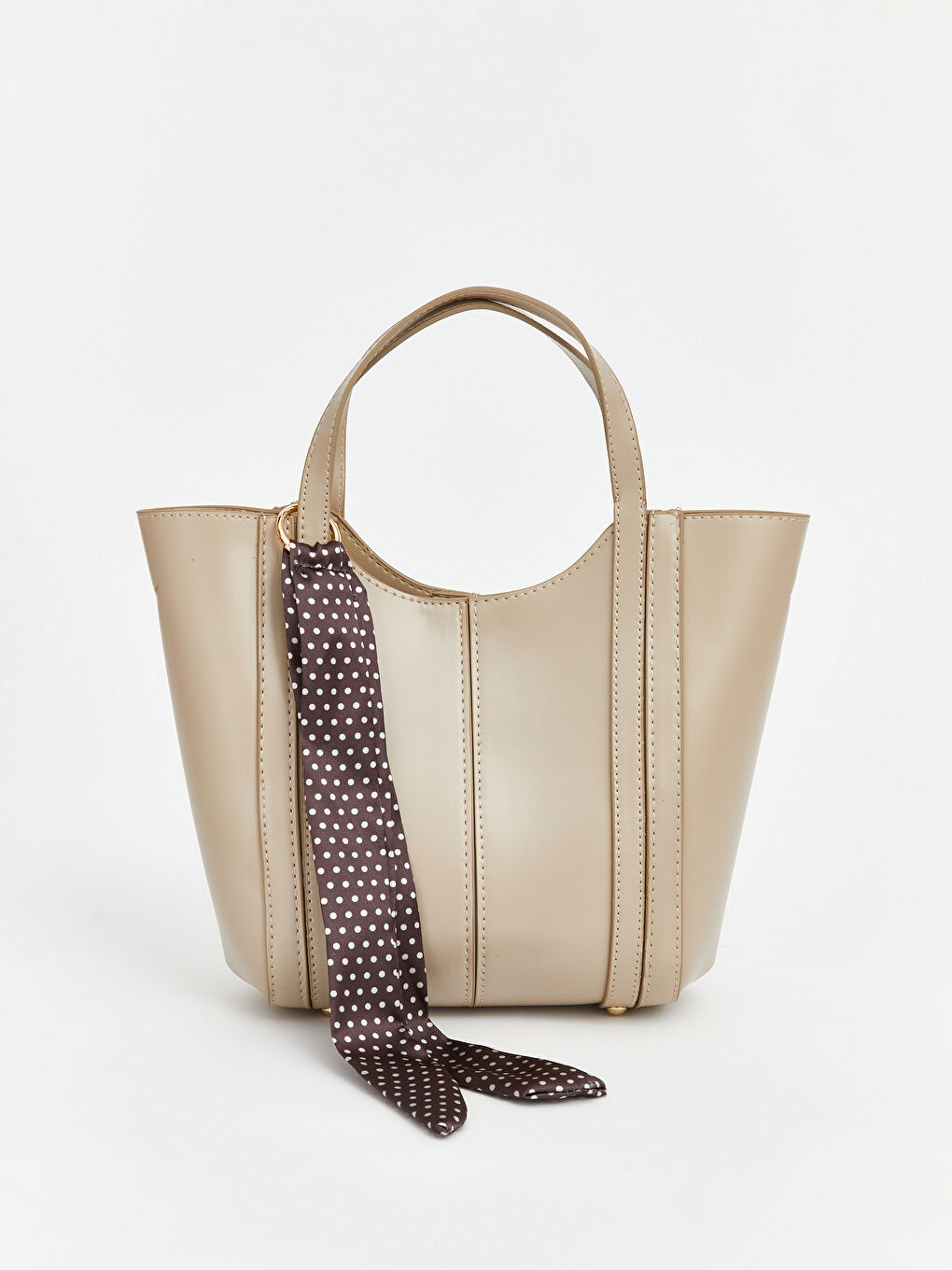 Bej Çift Saplı Fular Aksesuarlı Kadın Omuz Çantası