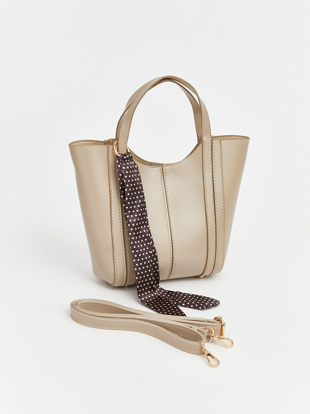 Bej Çift Saplı Fular Aksesuarlı Kadın Omuz Çantası-1