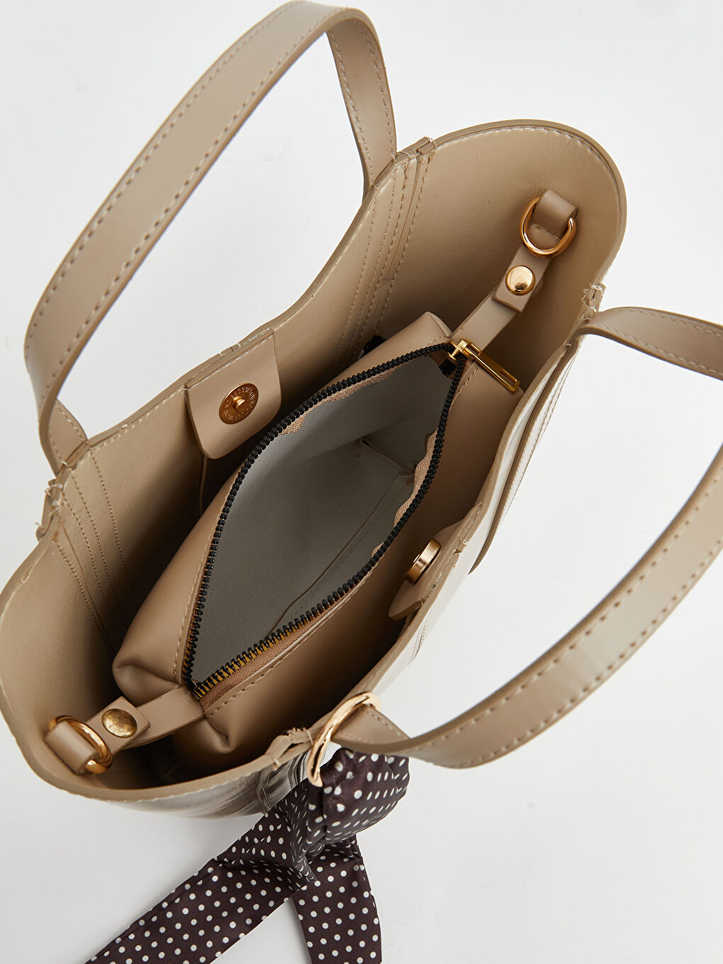 Bej Çift Saplı Fular Aksesuarlı Kadın Omuz Çantası-3