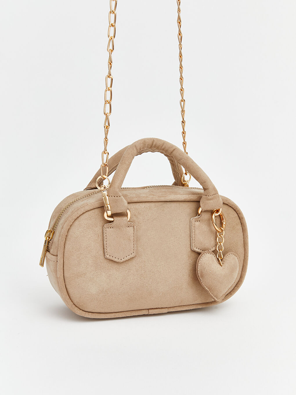 Bej Kalp Aksesuarlı Süet Görünümlü Kadın Omuz Çantası-1