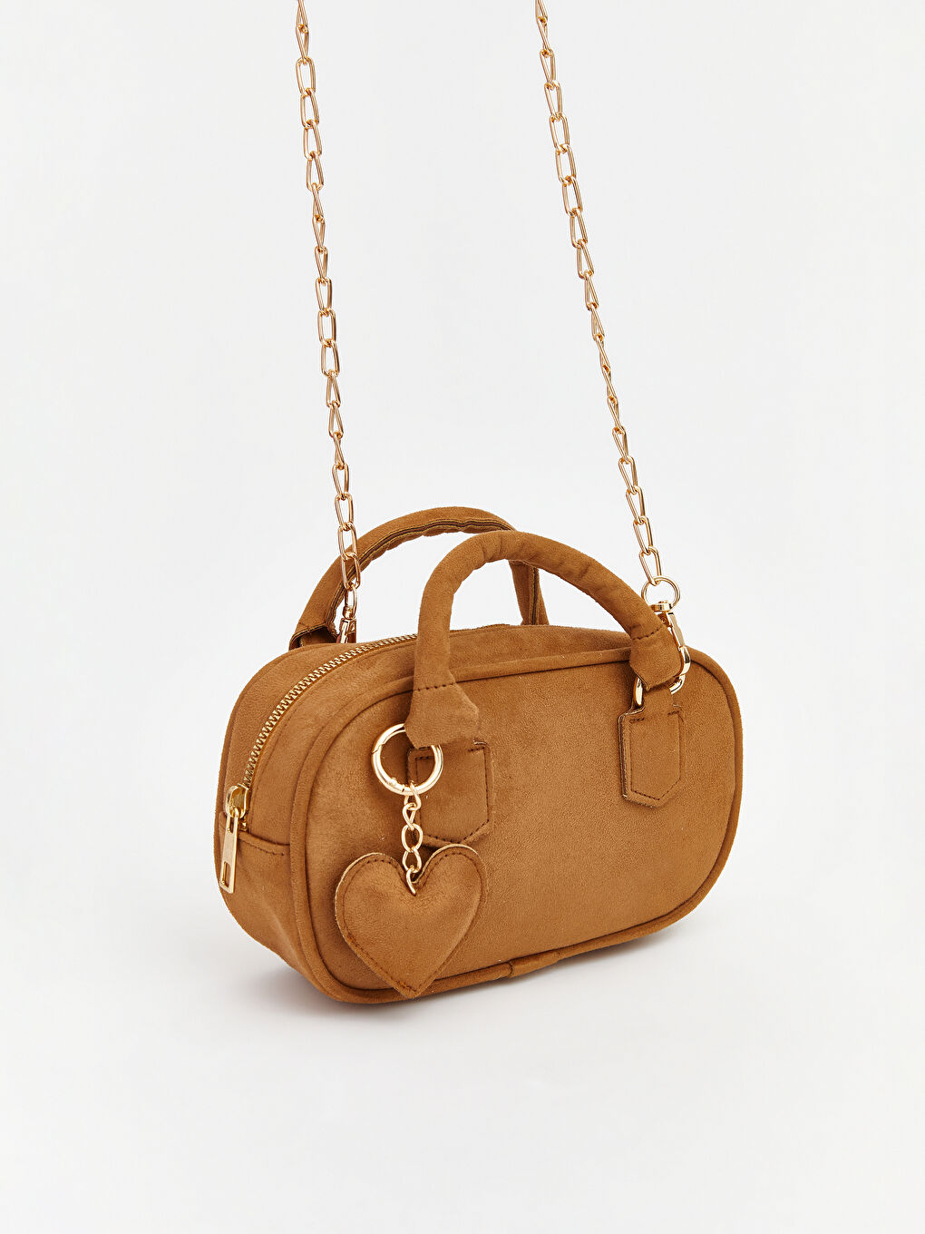 Kahverengi Kalp Aksesuarlı Süet Görünümlü Kadın Omuz Çantası-1