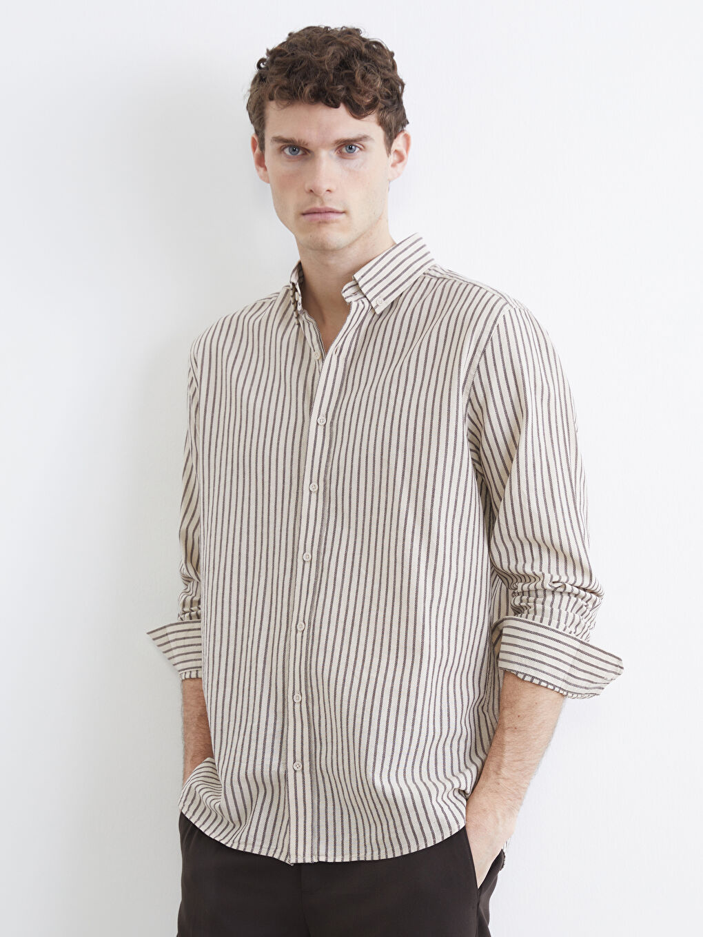 Mürdüm Regular Fit Çizgili Erkek Balıksırtı Gömlek-2