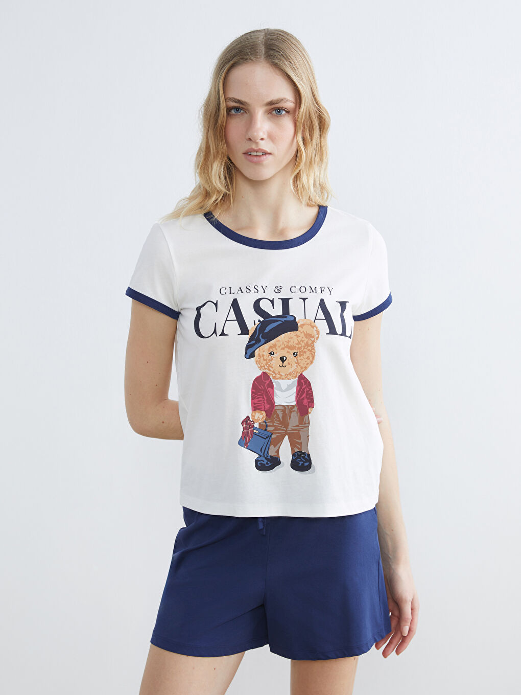 Teddy Bear Printed Women's Shortie Pyjama Set