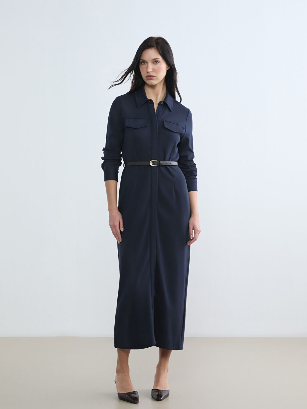 Lacivert Kemerli Kadın Gömlek Elbise-1