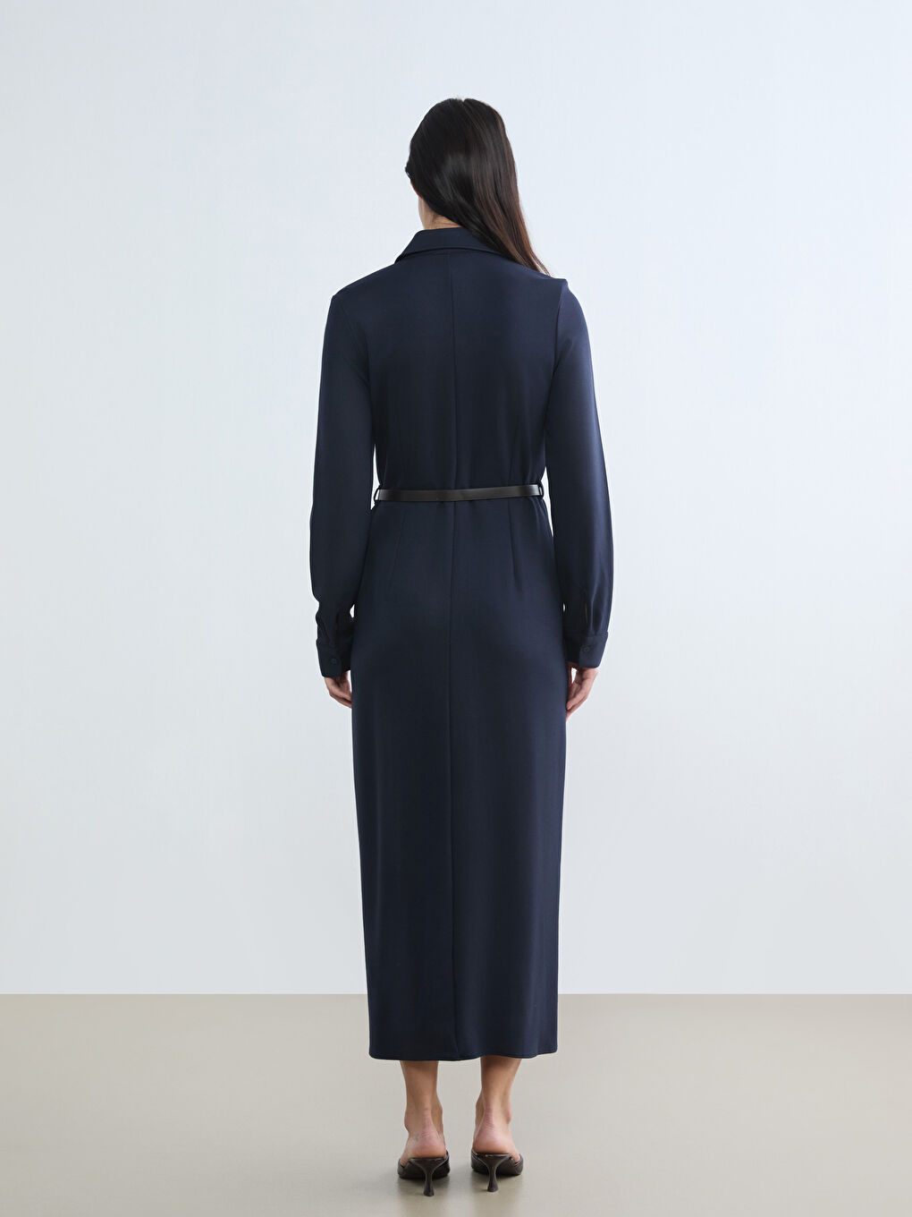 Lacivert Kemerli Kadın Gömlek Elbise-3