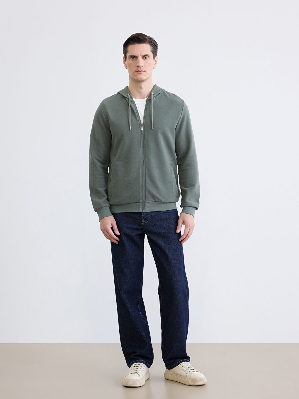 Yeşil Kapüşonlu Erkek Fermuarlı Sweatshirt-1