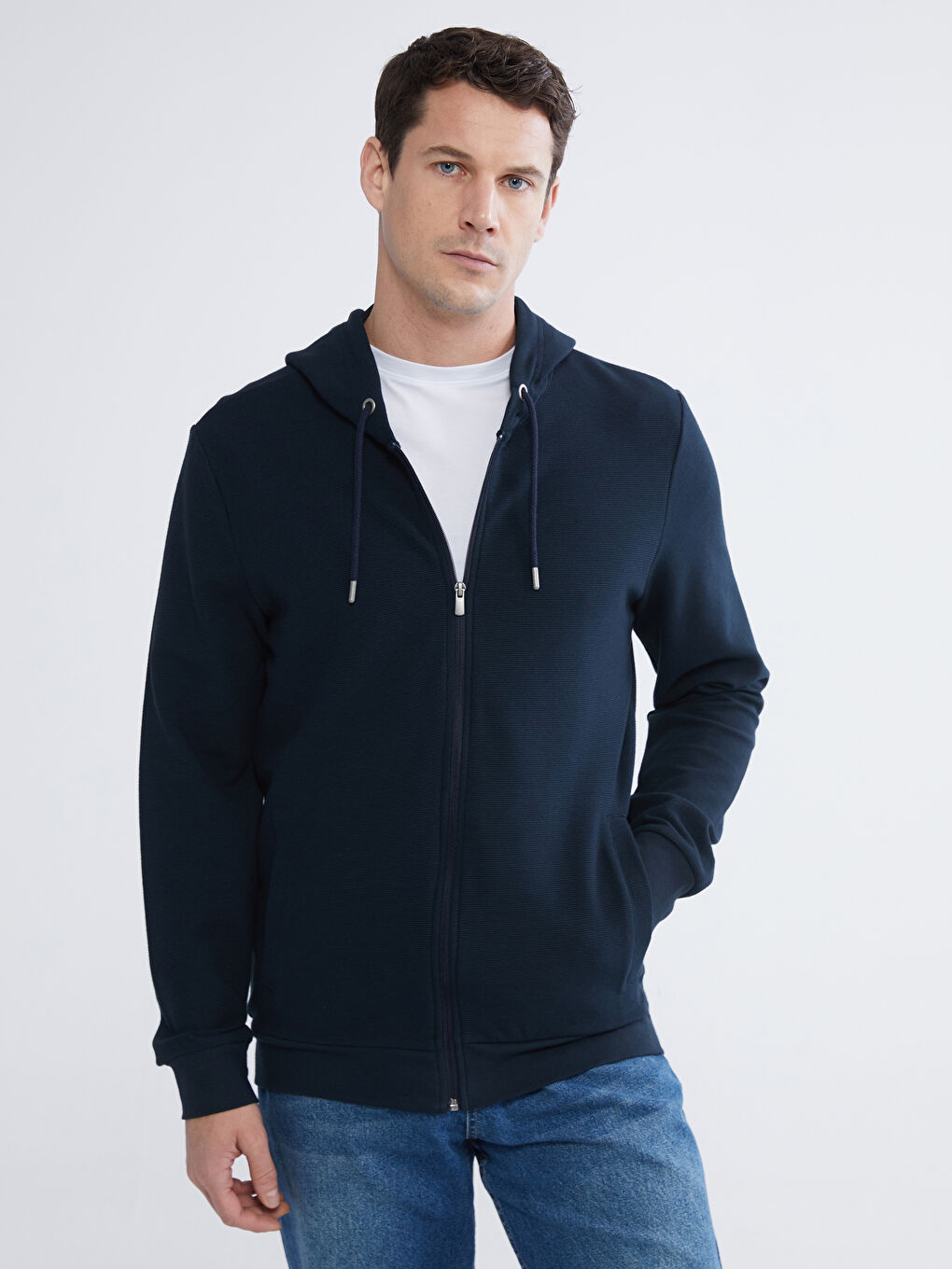 Lacivert Kapüşonlu Erkek Fermuarlı Sweatshirt