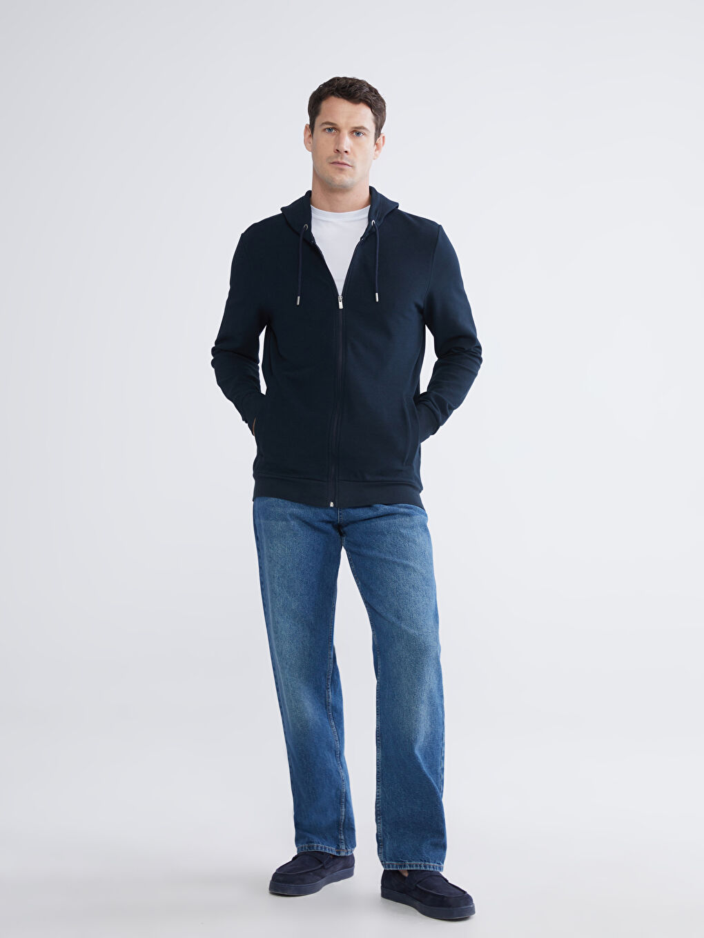 Lacivert Kapüşonlu Erkek Fermuarlı Sweatshirt-1