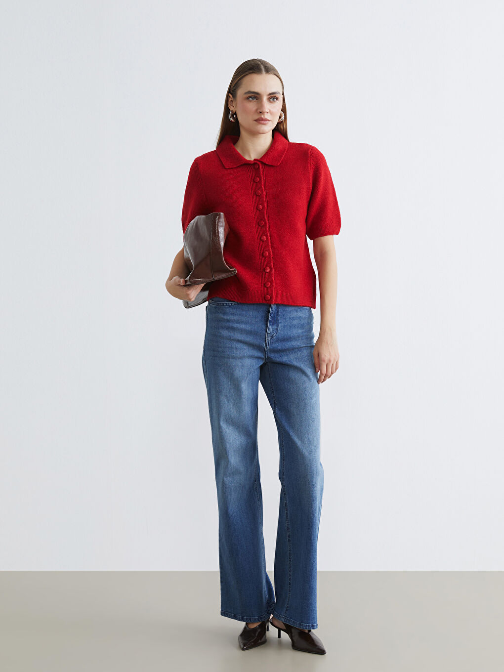 Kırmızı Kadın Polo Yaka Kısa Kollu Düğmeli Triko Hırka-1