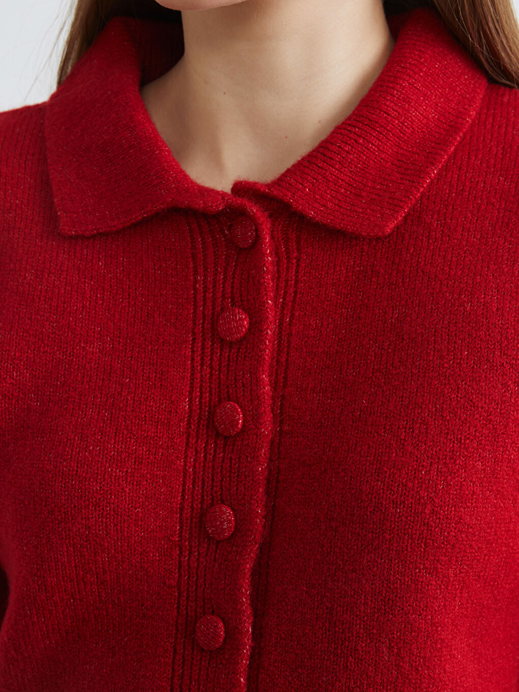 Kırmızı Kadın Polo Yaka Kısa Kollu Düğmeli Triko Hırka-2