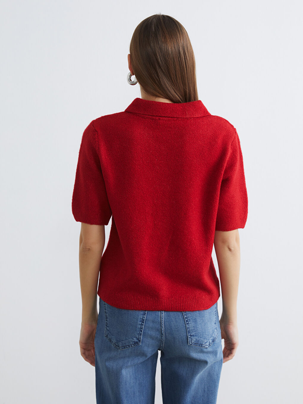 Kırmızı Kadın Polo Yaka Kısa Kollu Düğmeli Triko Hırka-3