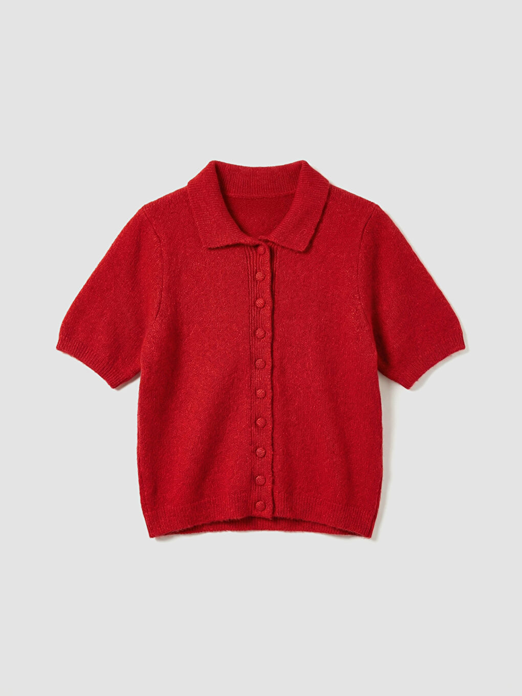 Kırmızı Kadın Polo Yaka Kısa Kollu Düğmeli Triko Hırka-4