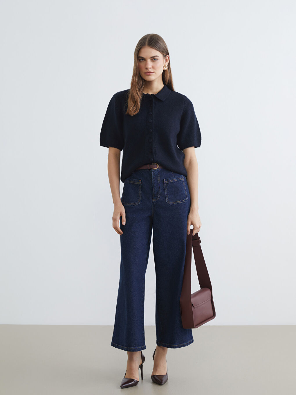 Women's Polo Collar Knit Cardigan-1