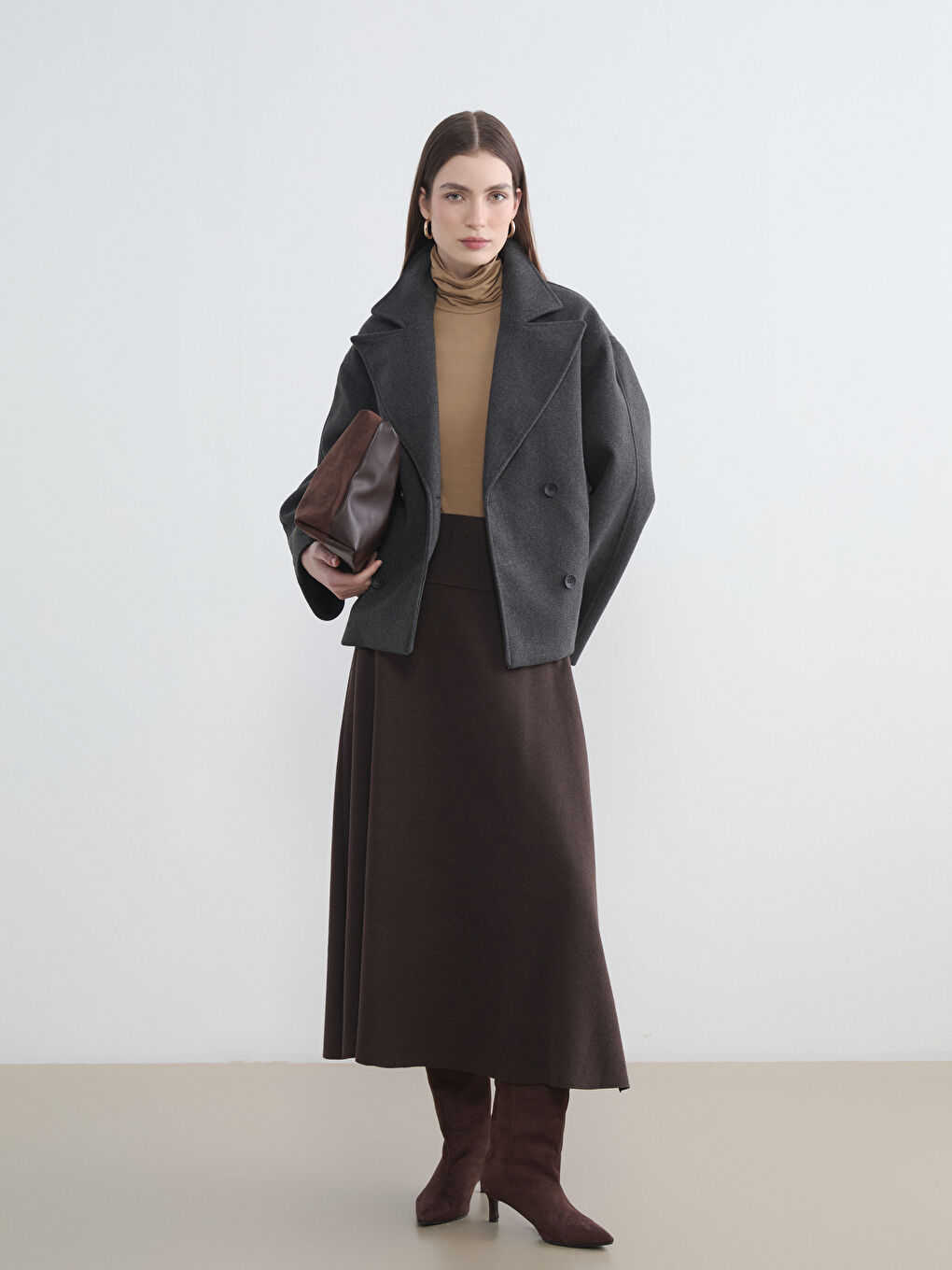 Antrasit Kruvaze Yaka Oversize Kadın Kaşe Kaban-1