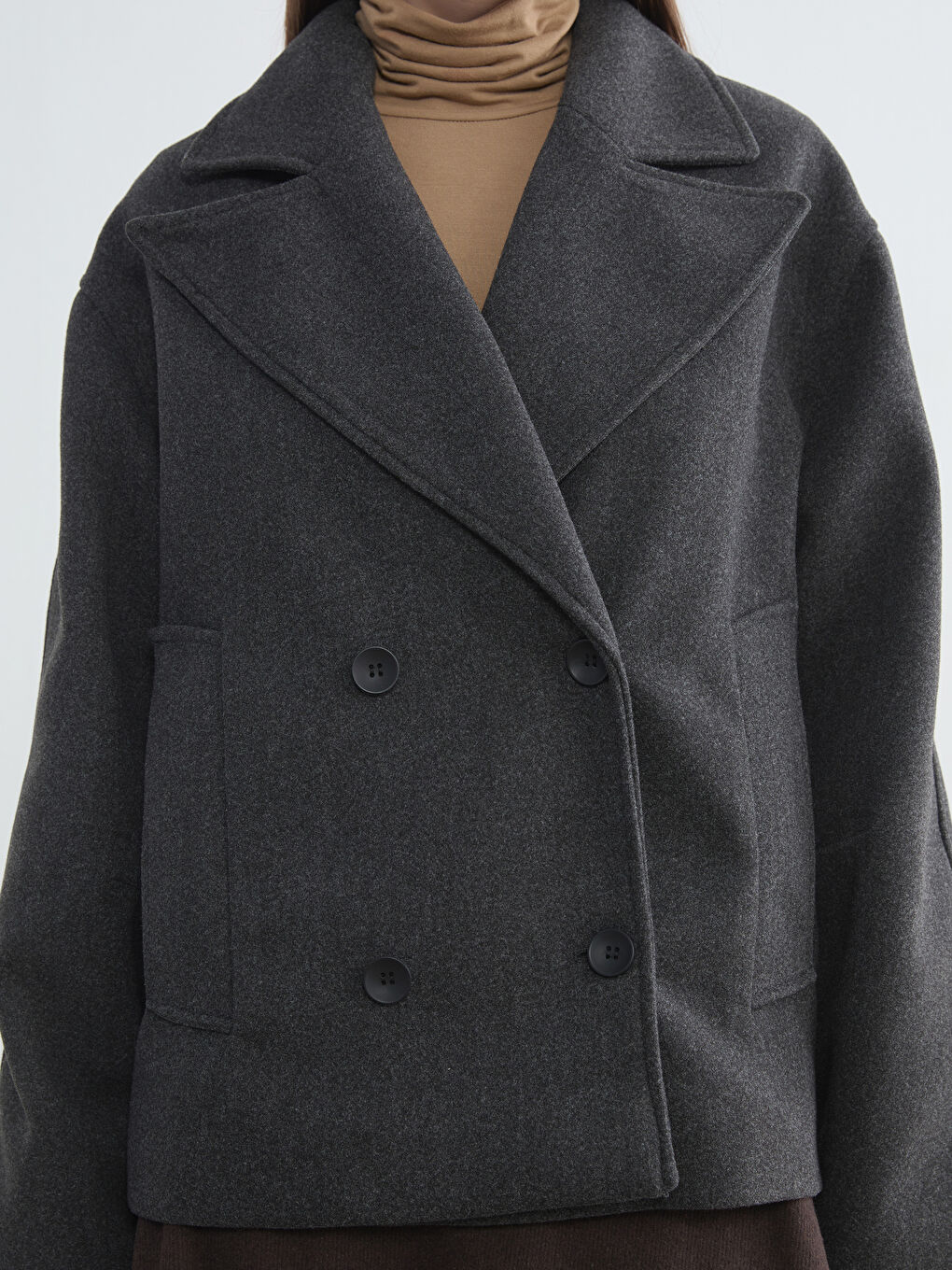 Antrasit Kruvaze Yaka Oversize Kadın Kaşe Kaban-3