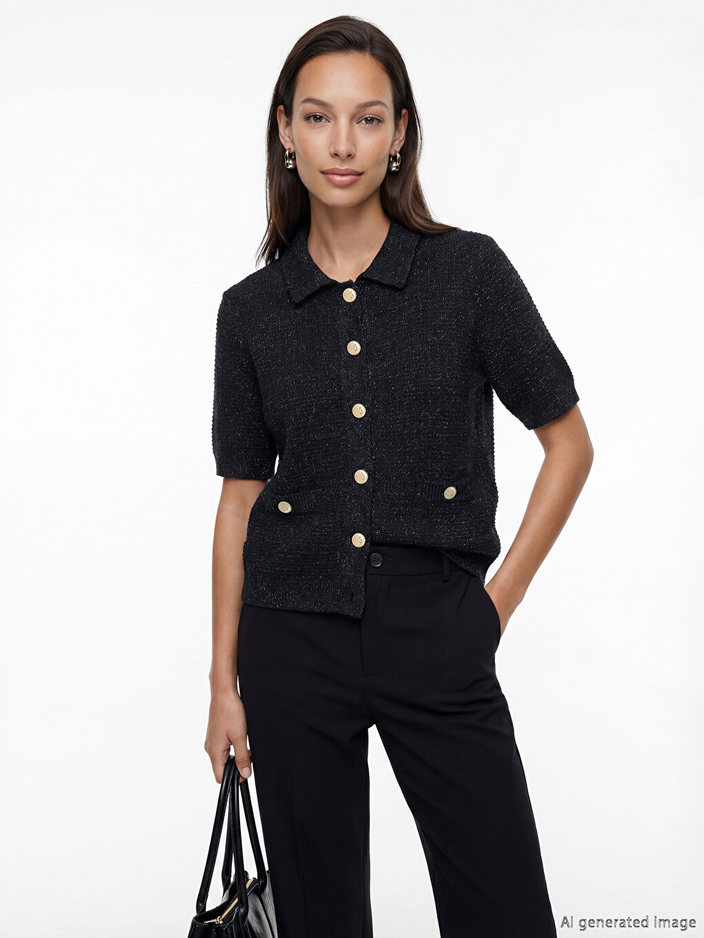 Polo Yaka Dokulu Kadın Triko Hırka