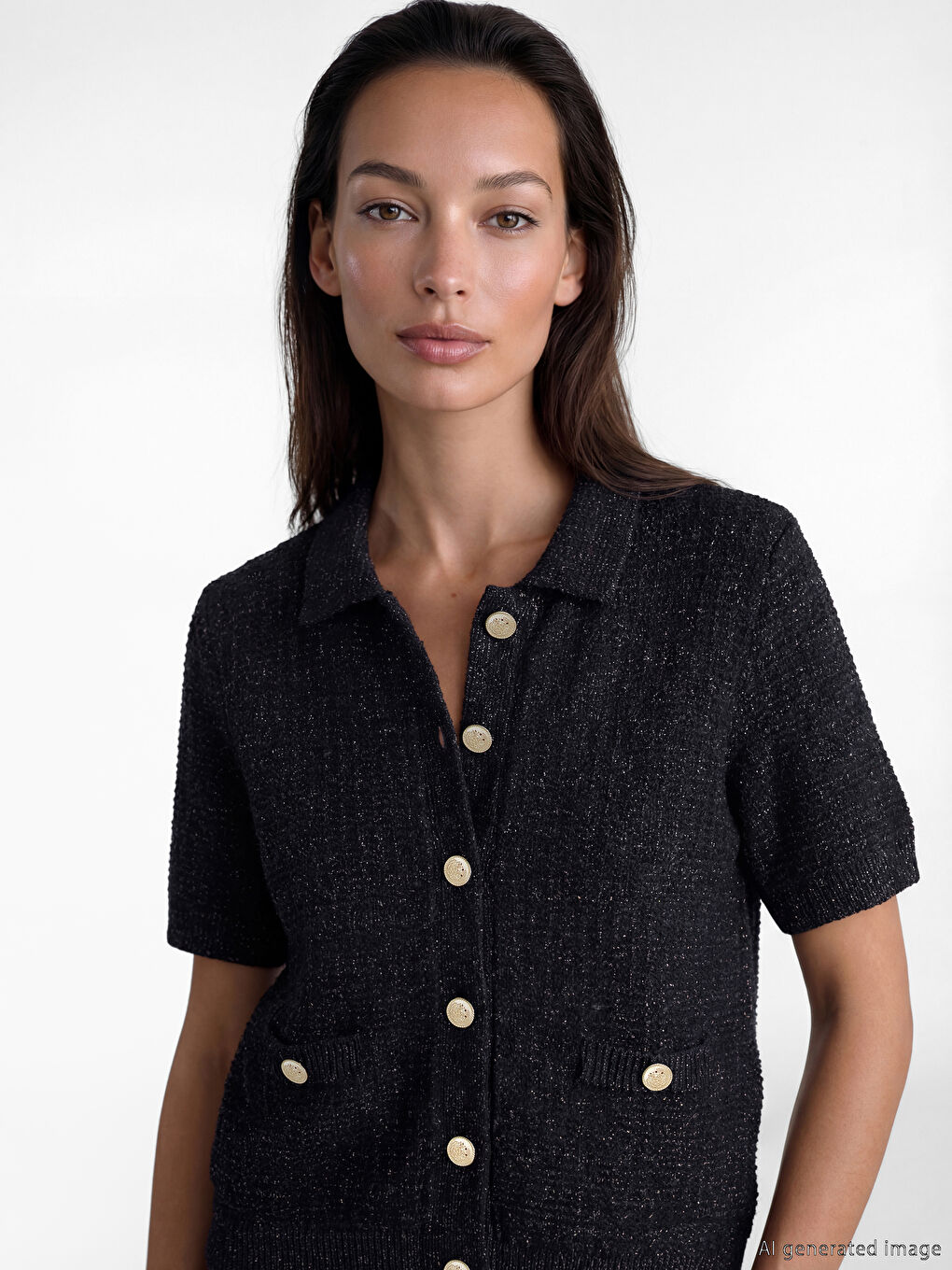 Polo Yaka Dokulu Kadın Triko Hırka-2