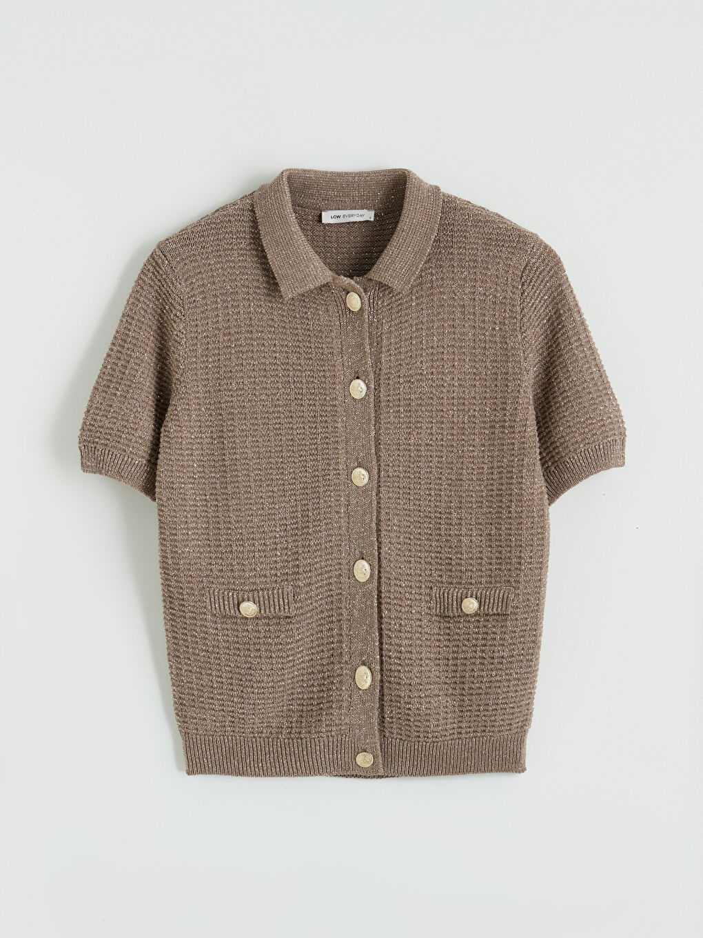 Kahverengi Polo Yaka Dokulu Kadın Triko Hırka