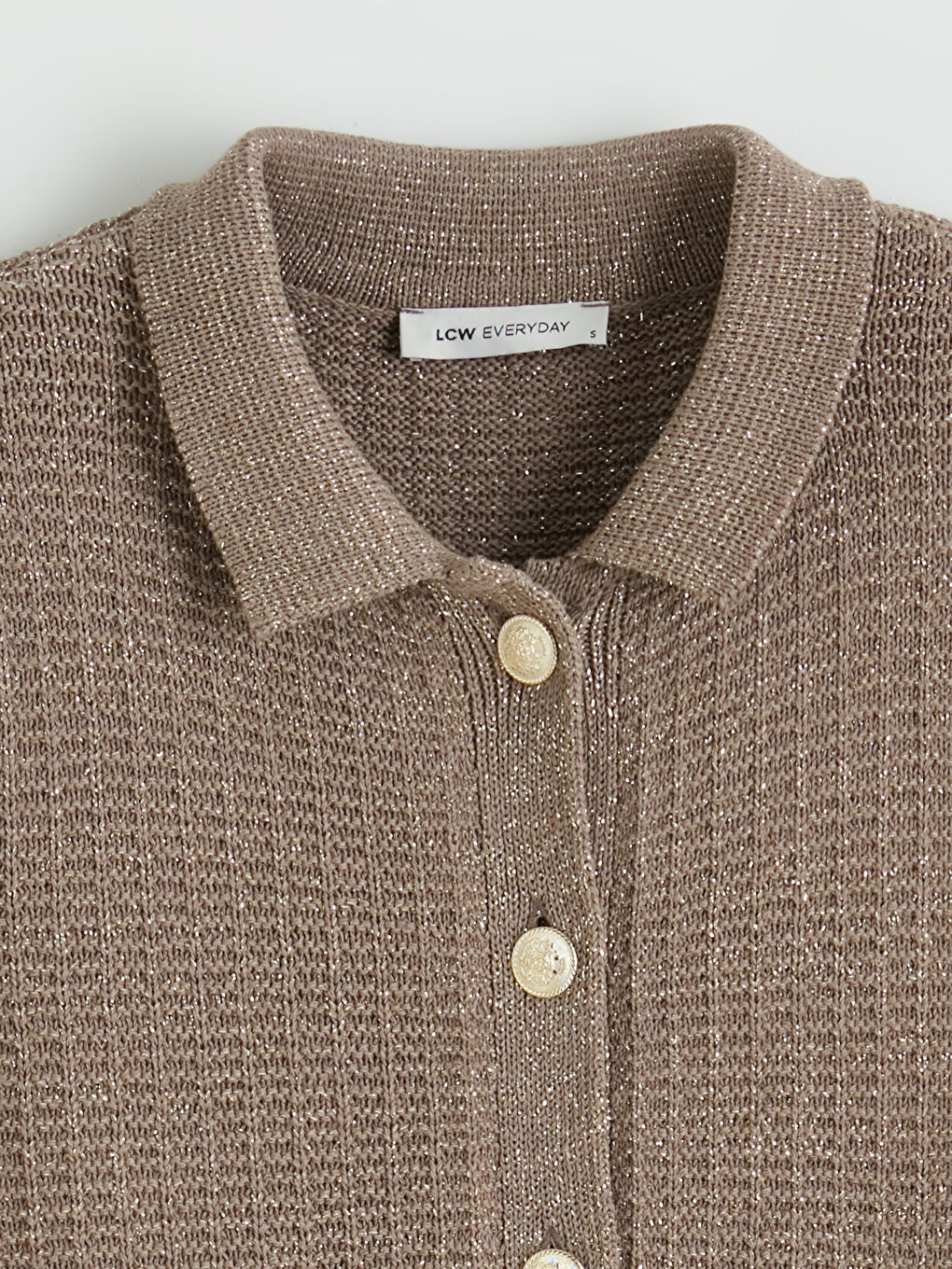 Kahverengi Polo Yaka Dokulu Kadın Triko Hırka-1