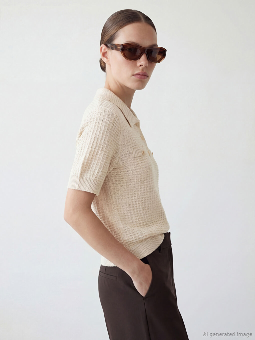 Ekru Polo Yaka Dokulu Kadın Triko Kazak