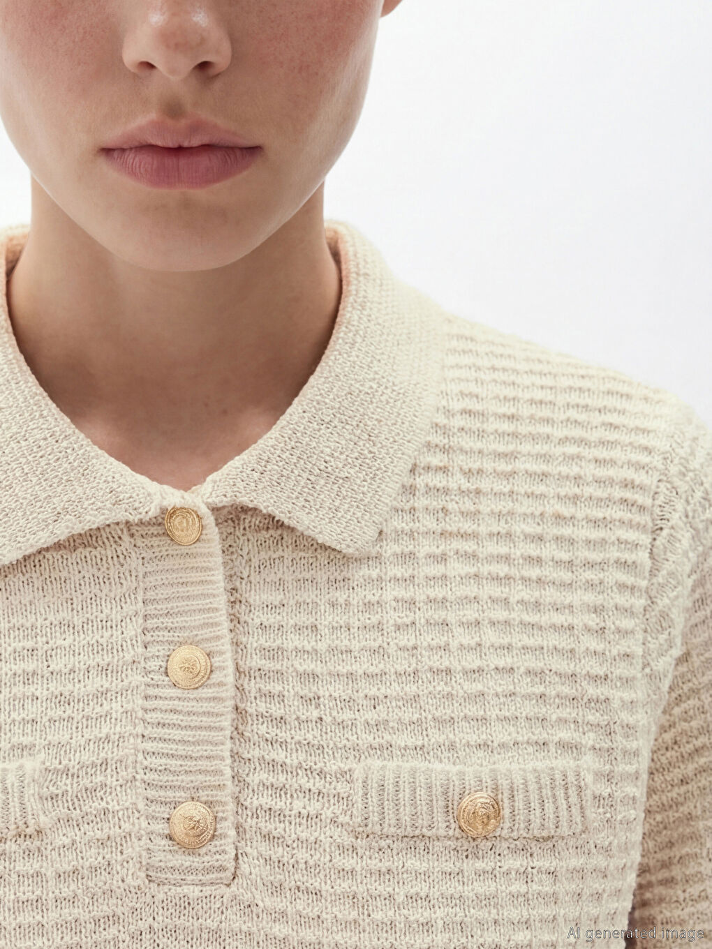 Ekru Polo Yaka Dokulu Kadın Triko Kazak-2