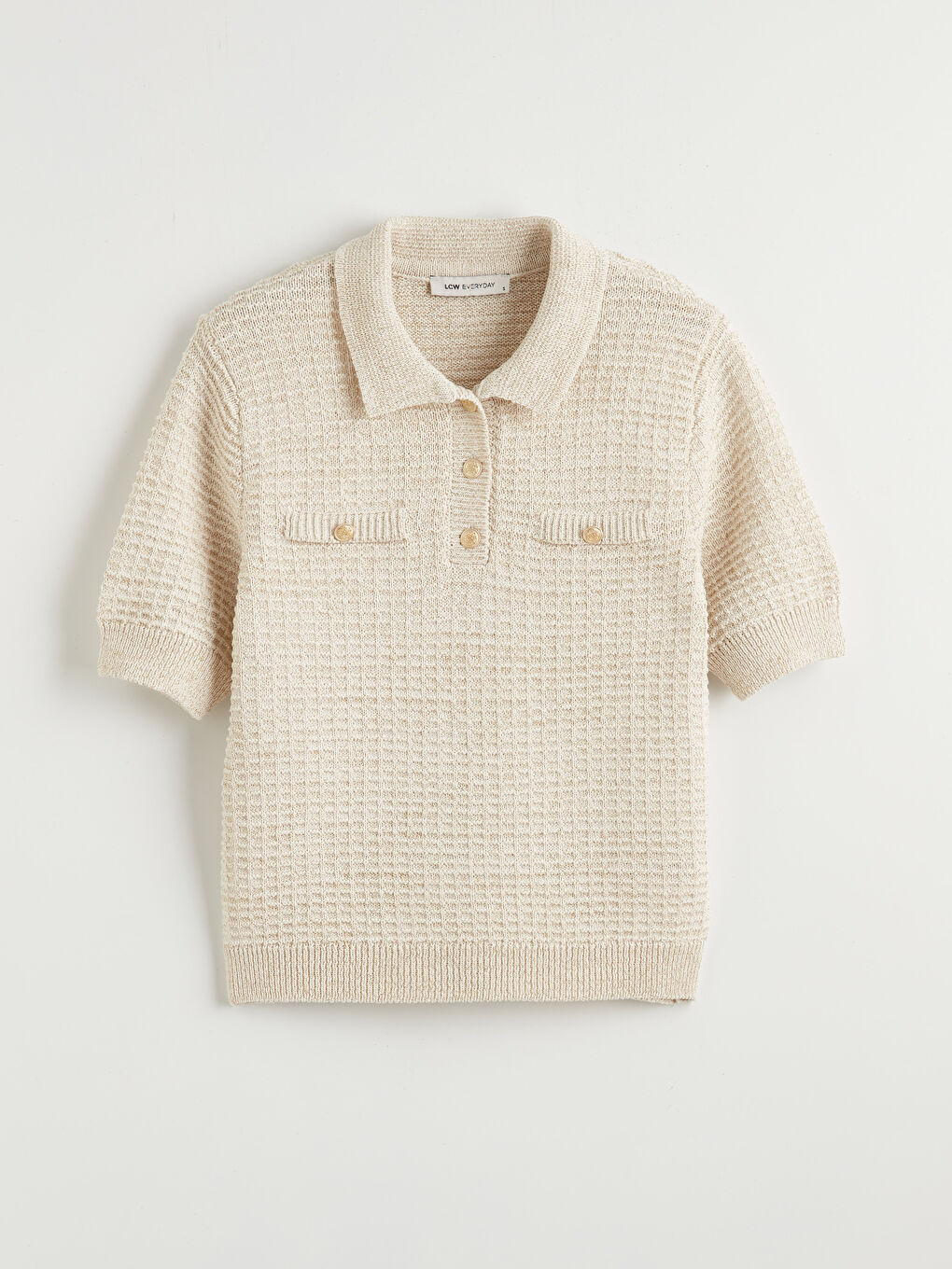 Ekru Polo Yaka Dokulu Kadın Triko Kazak-3