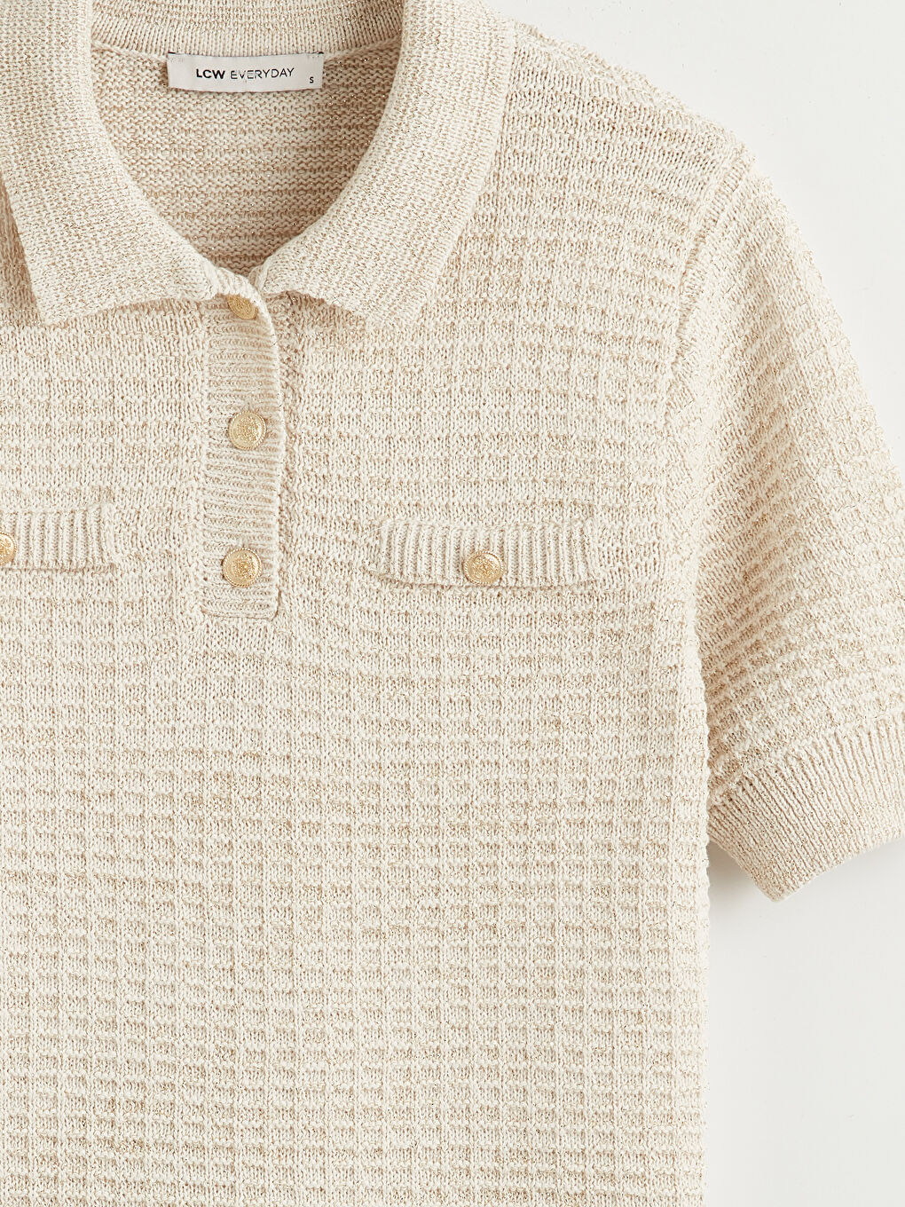 Ekru Polo Yaka Dokulu Kadın Triko Kazak-4