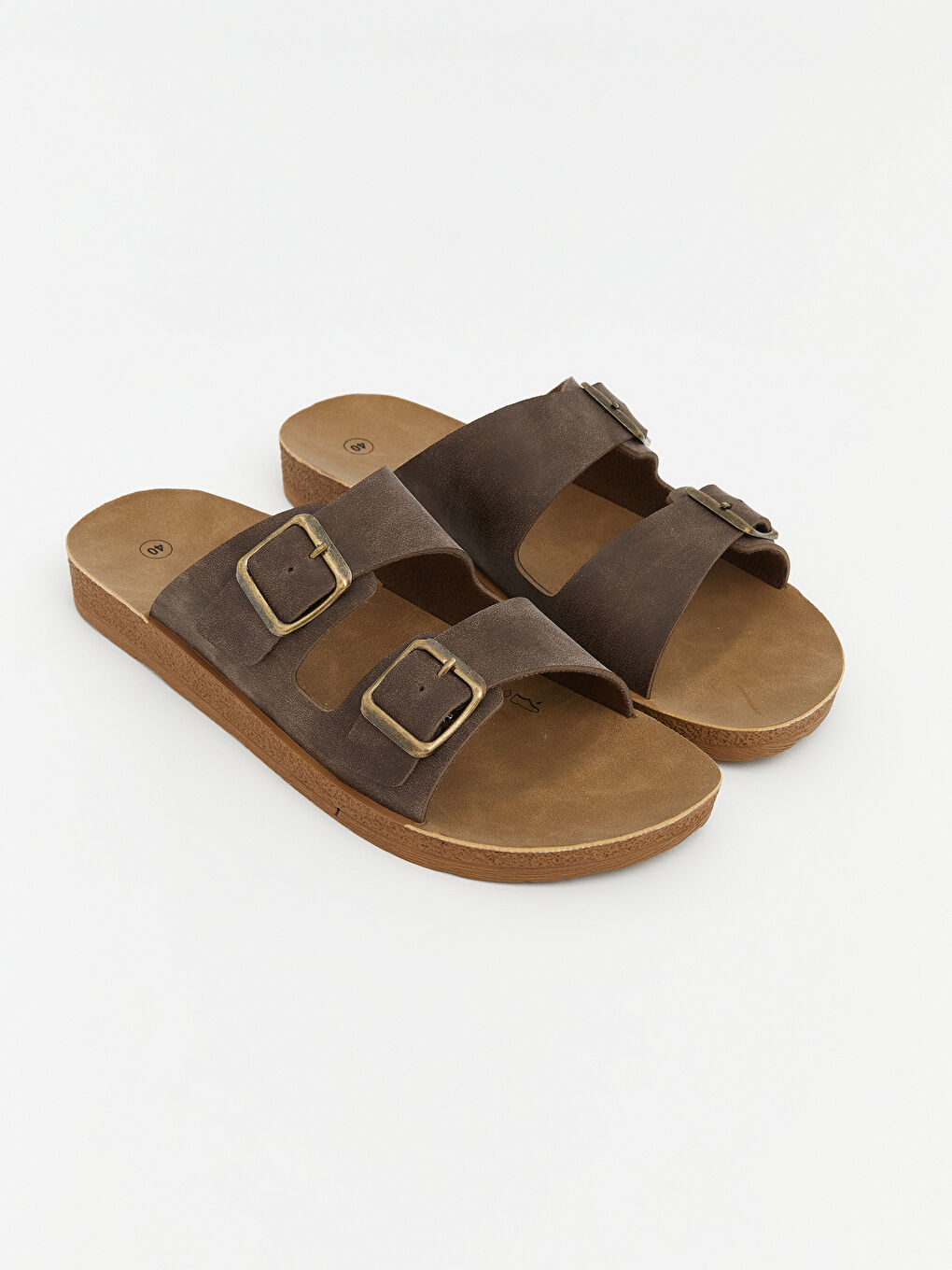 Kahverengi Çift Bantlı Ayarlanabilir Kadın Terlik