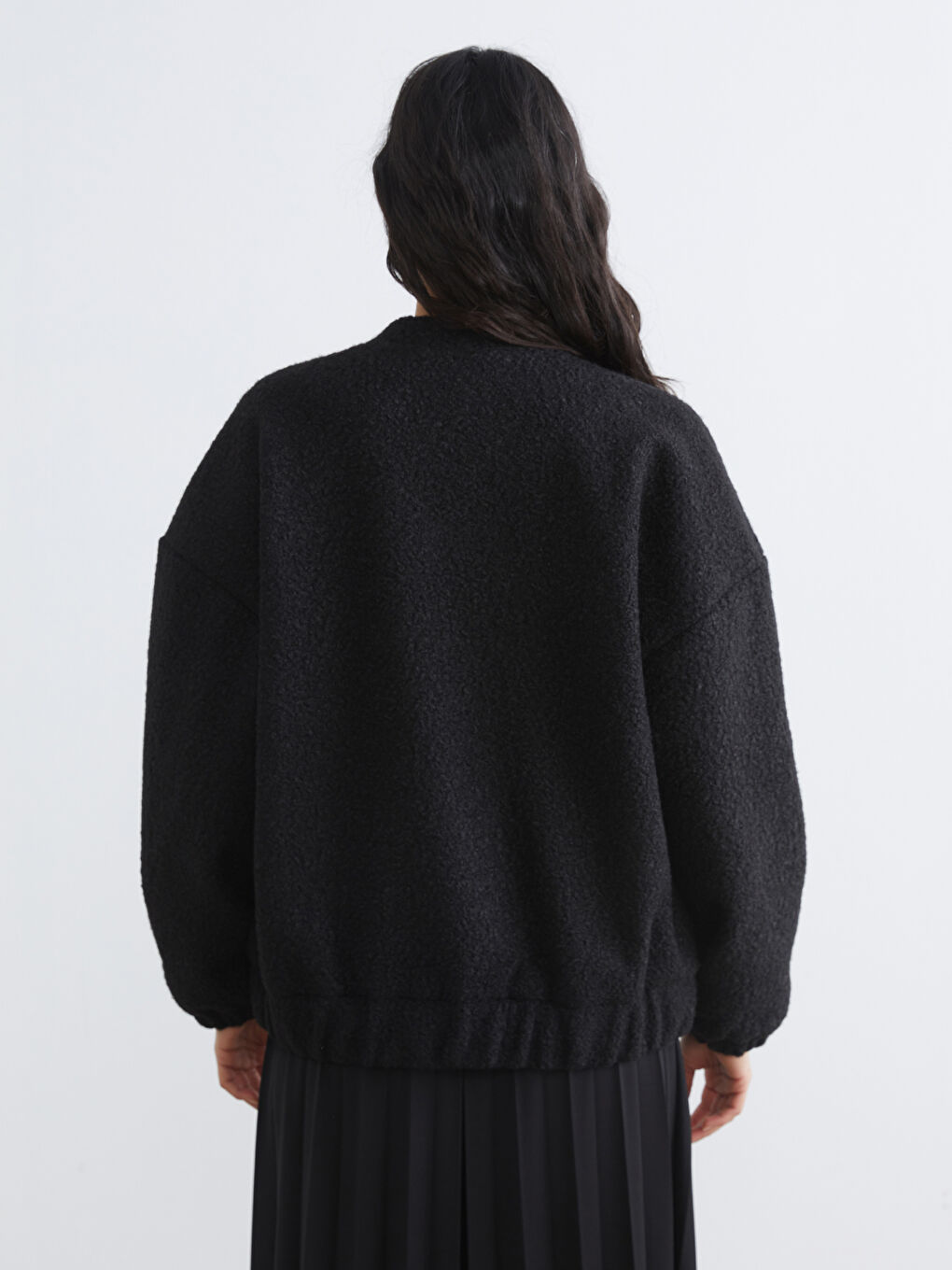 Siyah Kolej Yaka Oversize Kadın Pelüş Mont-4