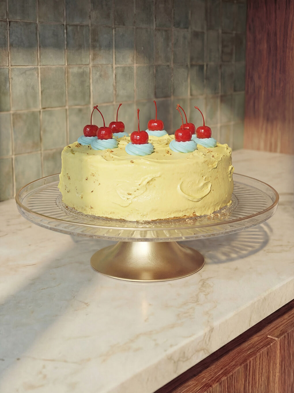 Renksiz Kenarı Şeritli Desenli Cam Ayaklı Sunumluk