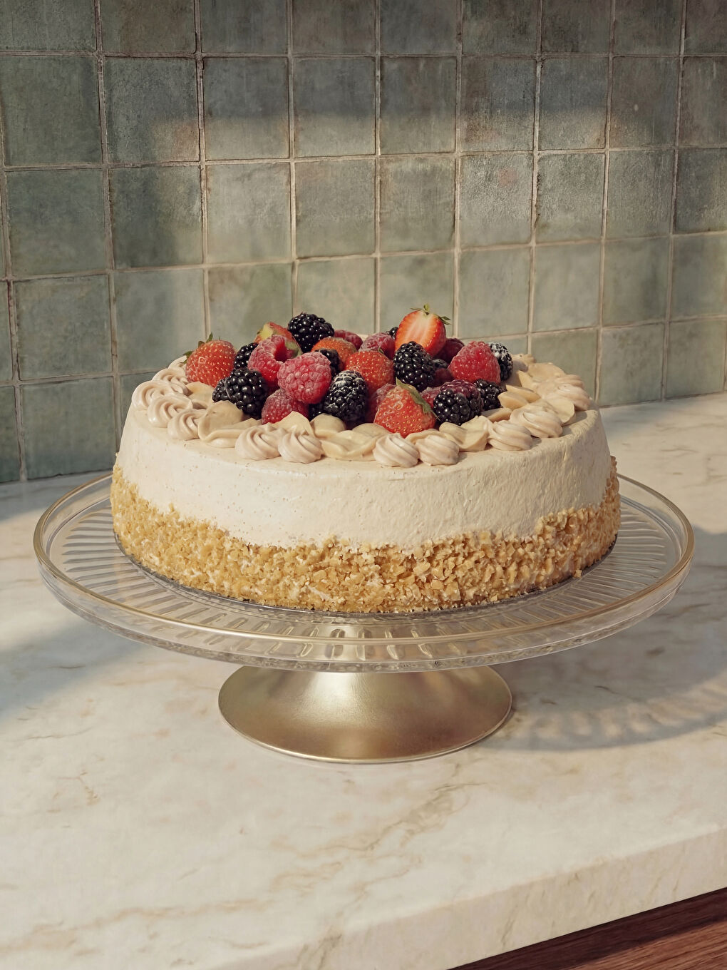 Assiette de présentation en verre à pied avec motif bordé rayé