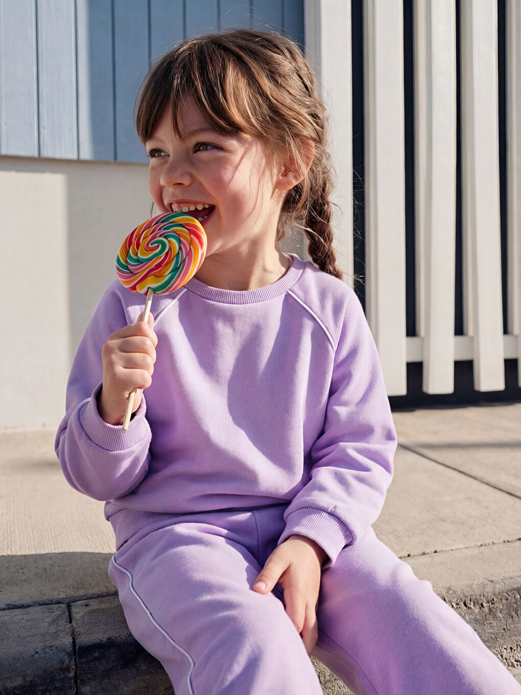 Girls' crew neck soft touch sweatshirt and sweatpants set.