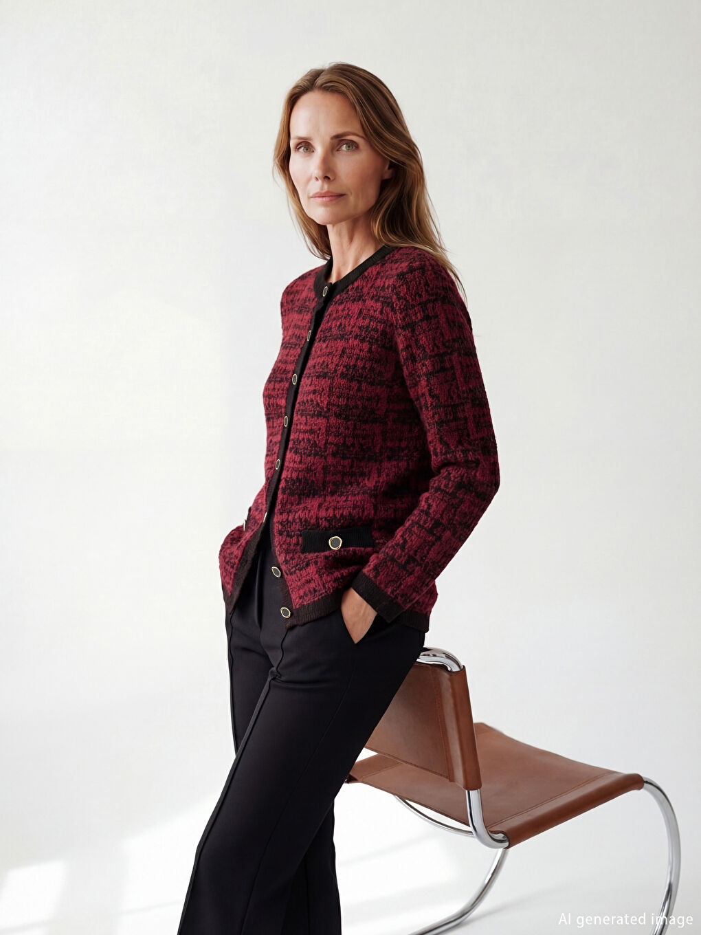 Ženski pleteni kardigan sa okruglim izrezom i uzorkom